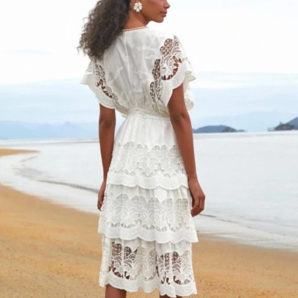 FARM Rio White Tiered Lace Midi Dress - Picture 3 of 15